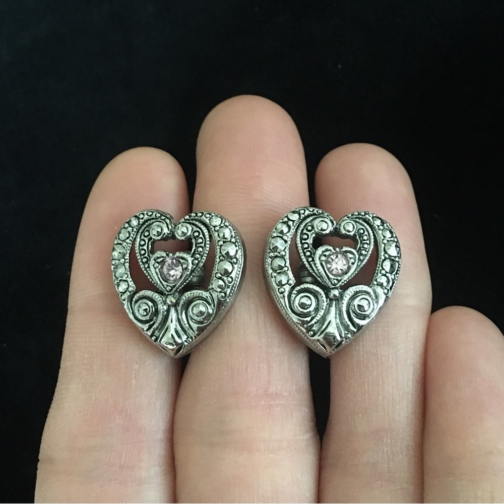 Vintage Silver Tone Heart Stone Clip-On Earrings